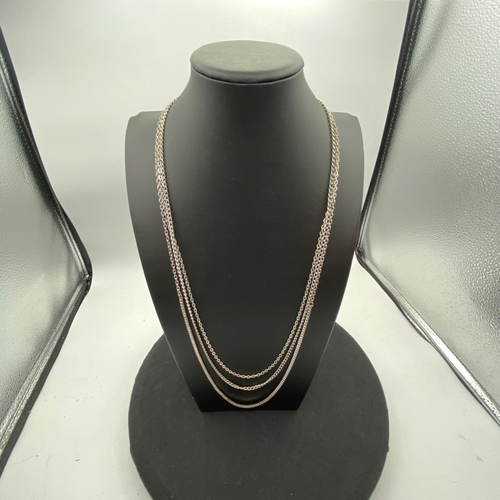 Triple Strand Layered Necklace Silver Tone 26-30 Inch Minimalist Y2K Boho Chic